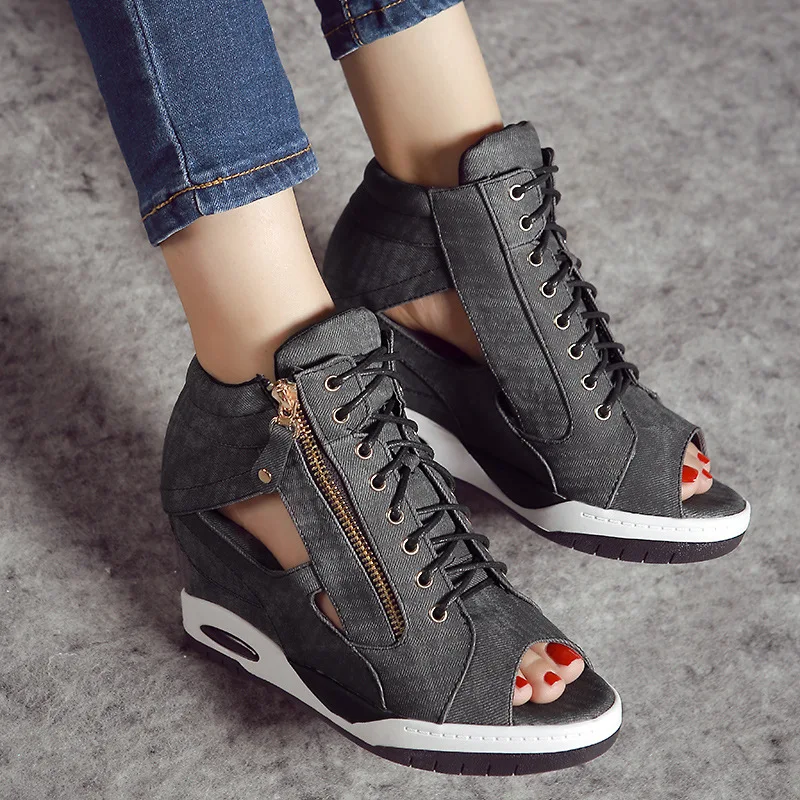 Fashion Wild Wedge Heel Denim Women's Shoes Summer New Lace-up Women's Sandals Fish Mouth Open Toe Sandals Non-slip Flat Shoes