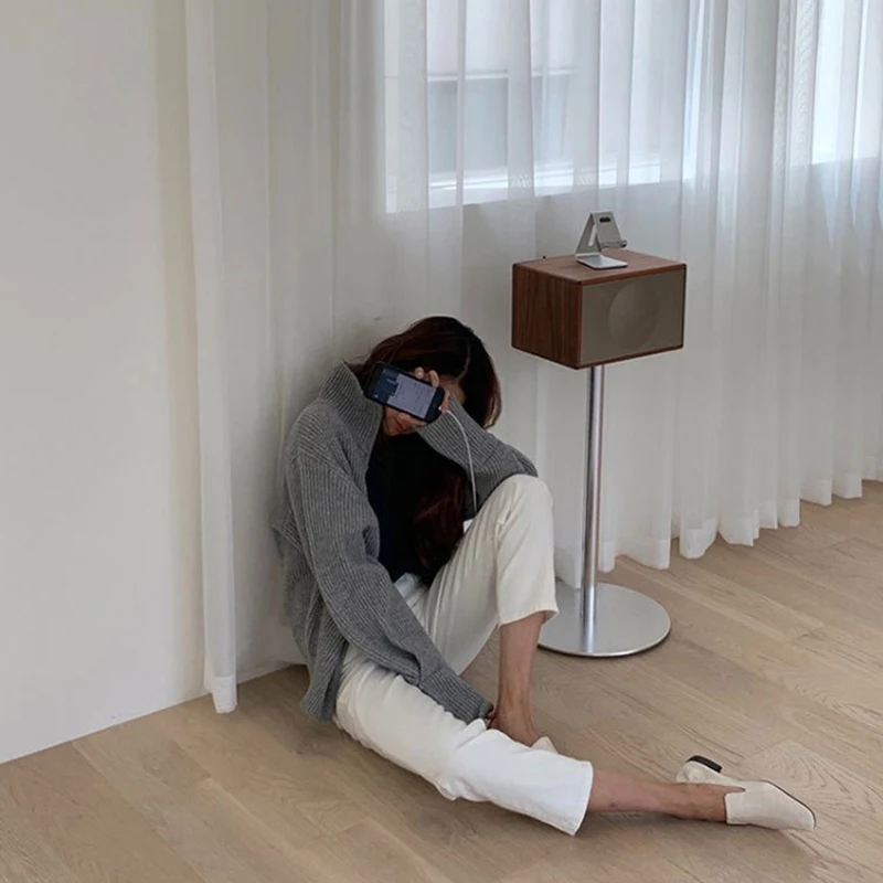 Женский трикотажный свитер на молнии Серый Свободный Повседневный с