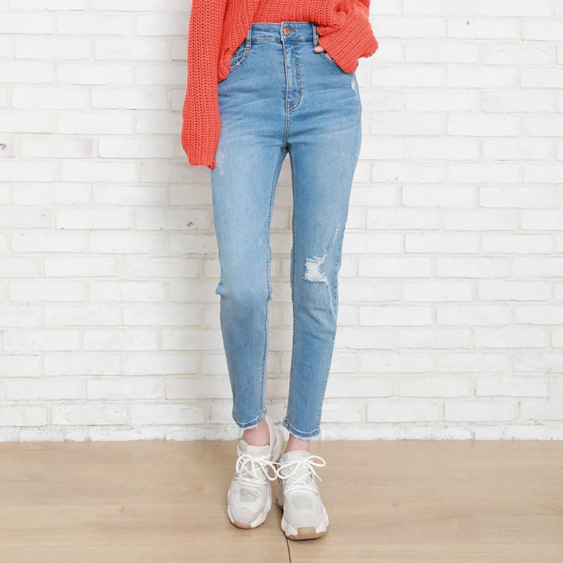 Autumn Winter Women Denim Skinny Pant Stretch High Waist Washed Blue Destroy/Rips Slim Elastic Lady Jeans