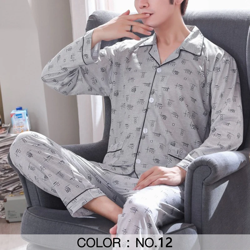 

Fashion Style Casual Style Man Pajamas Set Spring Autumn Front Pocket Turn Down Collar New Long Sleeve Long Pants Sleepwear