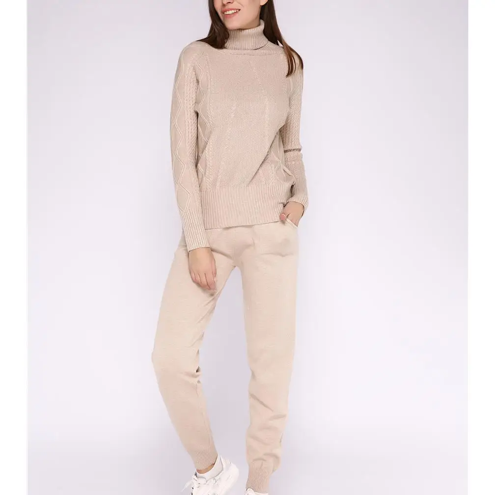 Winter Woolen Cashmere Knitted Warm Suit Turtleneck Sweater Pants Two-Piece Set Criss-Cross Loose Tracksuit Knit | Женская одежда