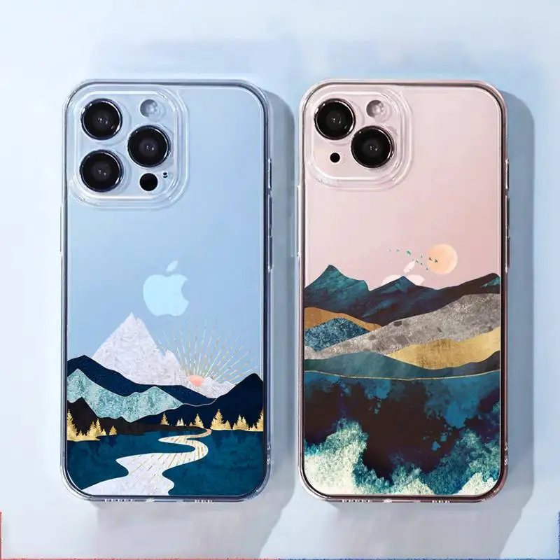 

Hand Painted Scenery Phone Case For iphone 13 12 11 8 7 plus mini x xs xr pro max Transparent soft