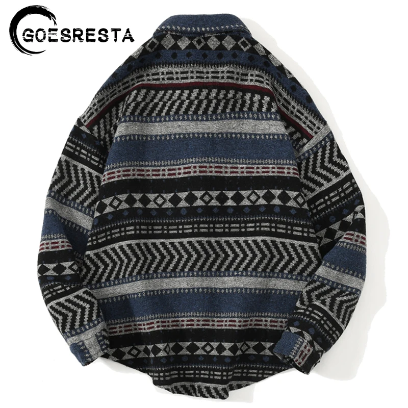 Retro ethnic style Long Sleeve Woolen Shirt Men Streetwear Hip Hop Oversized Shirts Brand Harajuku Casual Fashion Men's Shirt