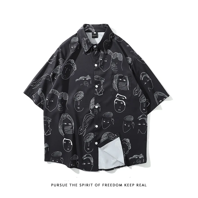 

Summer new style Hong Kong fashion brand creative printing short-sleeved cotton and linen shirt men's loose Hawaiian flower shir