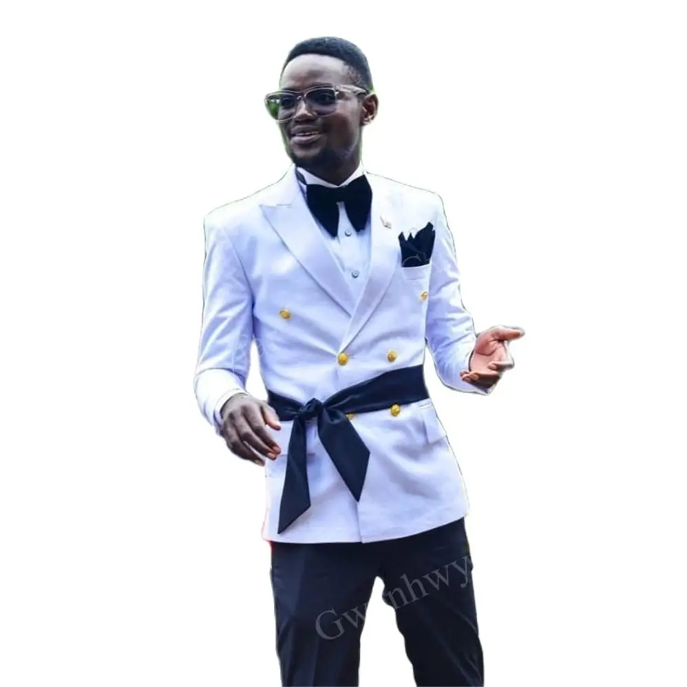 

Мужской костюм из двух предметов, Белый двубортный блейзер с золотыми пуговицами, облегающие повседневные смокинги для свадьбы (Блейзер + б...