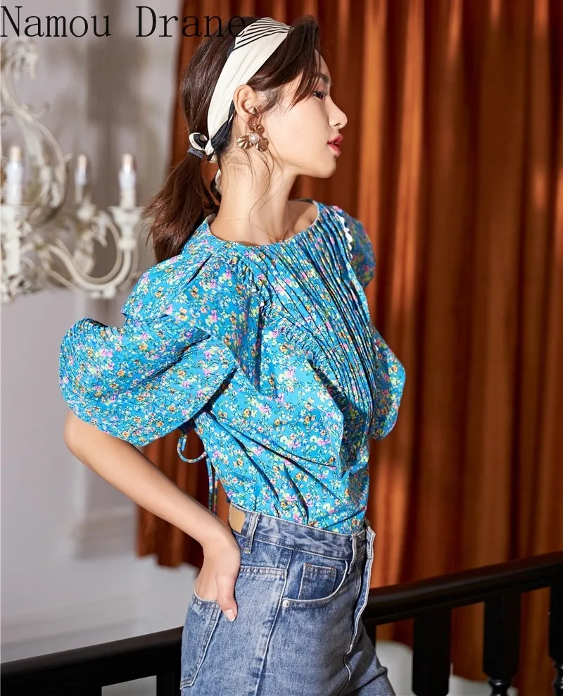 Женская блузка с волнистыми оборками дизайнерская синяя рукавами-фонариками и