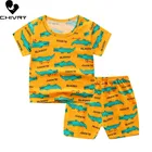 Пижамные комплекты для мальчиков и девочек, летняя Милая футболка с коротким рукавом и круглым вырезом с мультипликационным принтом, топы и шорты, 2021