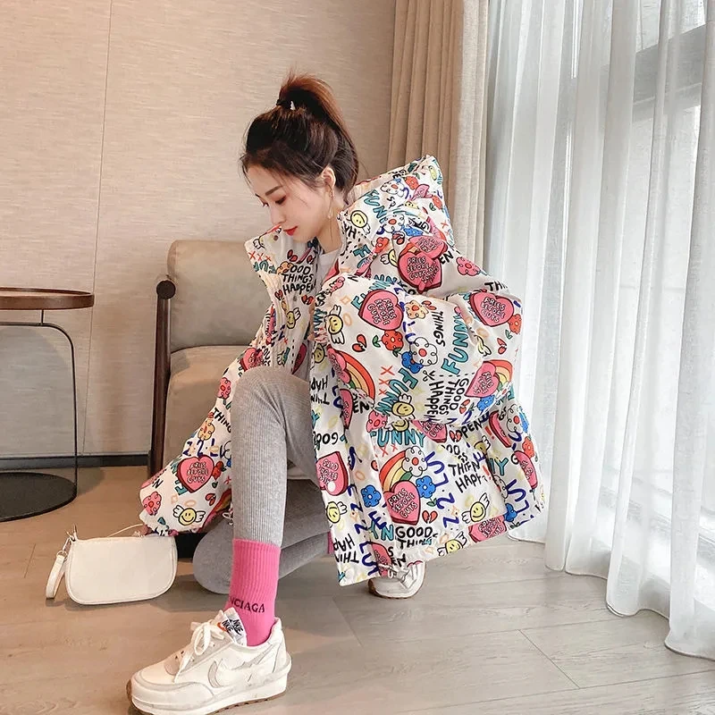 2022 Women'S Winter Jacket New  Cotton-Padded Women'S Short  Jacket Printed Loose  Thickened Fashionable Student Trendy Jacket