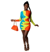 rstylish 2021 autumn classic mesh see through color block print women long sleeve stretchy bodycon nightclub mini dress