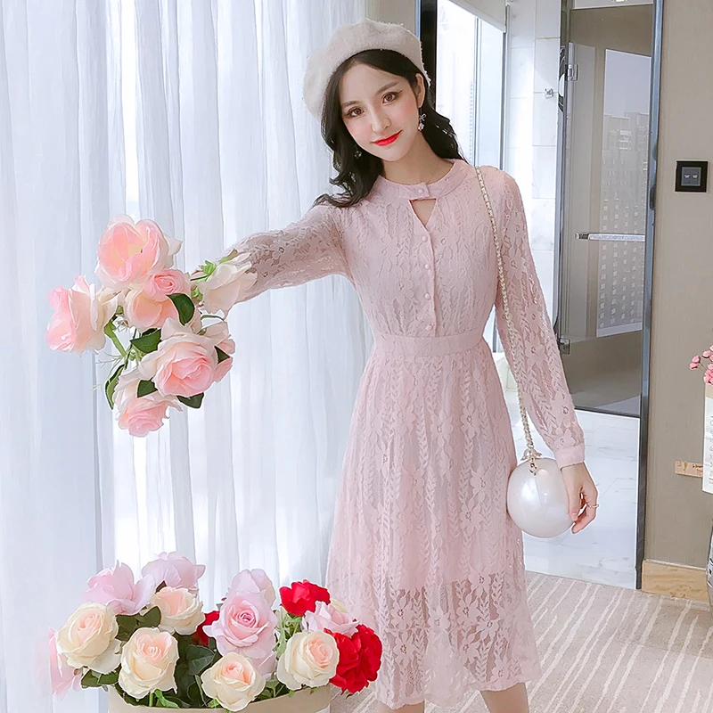 Осень 2020 женское винтажное Розовое Кружевное привлекательное Клубное платье