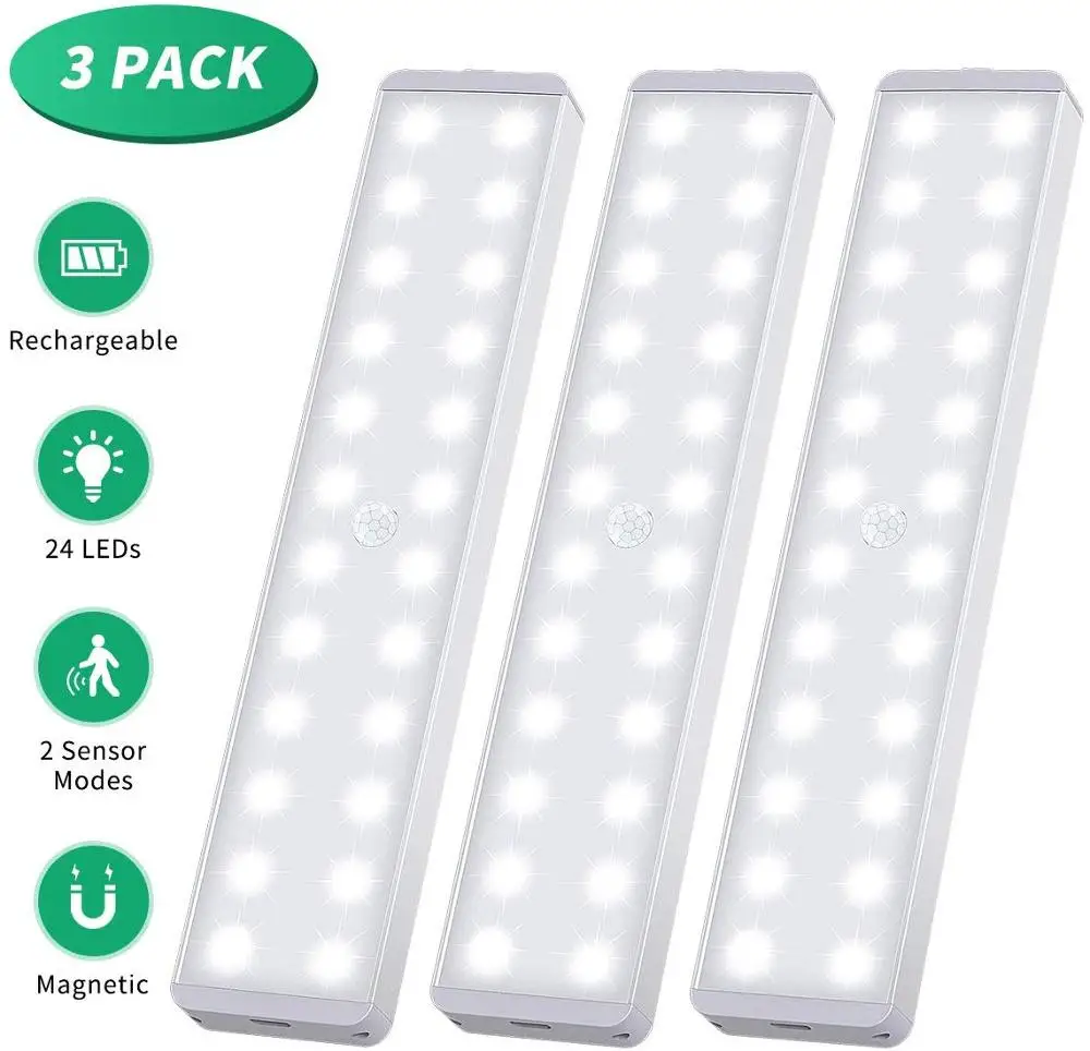1/2/3 шт. 24 СИД беспроводной под шкафом свет PIR датчик движения шкаф ночник USB Перезаряжаемый батарейный шкаф лампа