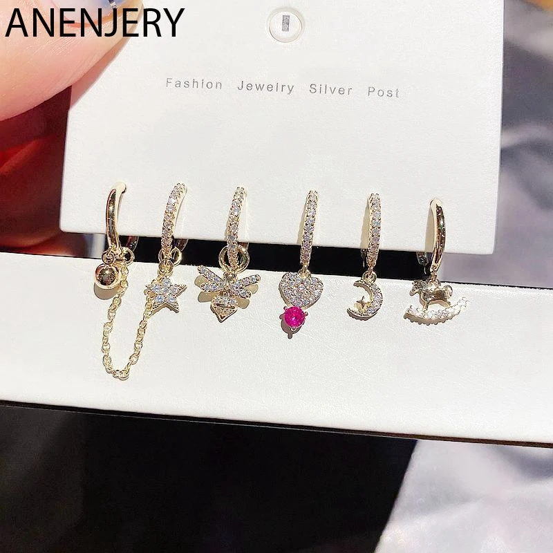 Женские серьги кольца с Луной и звездами ANENJERY набор из 6 предметов сердечками
