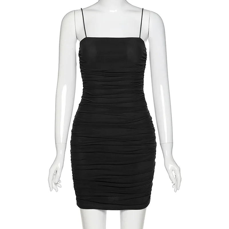 

New 2021 Summer Spaghetti Strap Dress Women Sexy Slim Party Mini Dresses Beach Pleated Rose Bodycon Black Dress Vestidos Mujer
