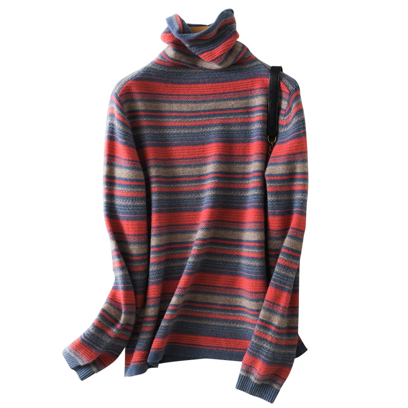 

Turtleneck Knitted Striped Women Sweater And Pullovers Long-Sleeved Casual Elegant Lady Pulls Outwear Tops
