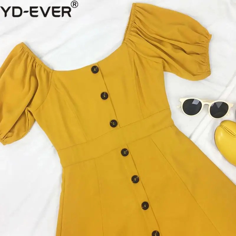 Платье миди с квадратным вырезом пуговицами спереди и пышными рукавами|Женские