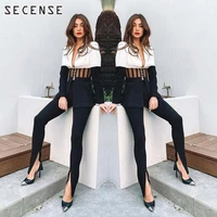 elegant office lady black white long sleeve sexy deep v suits blazer hollow out bodycon 2 pieces set evening party corset 2021