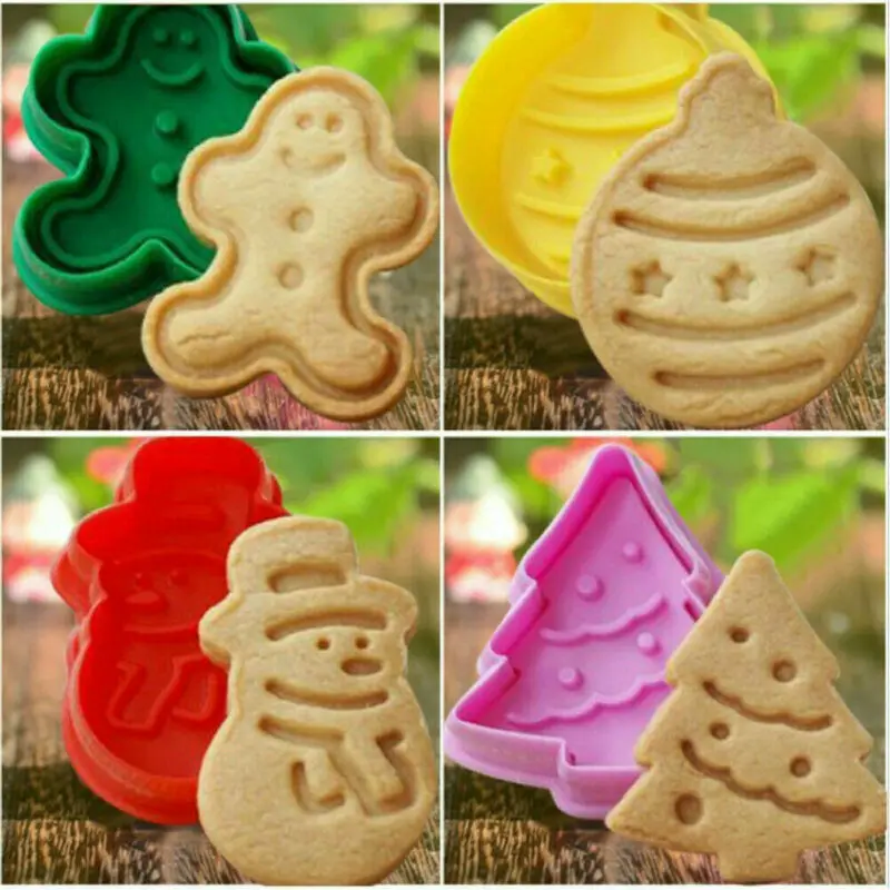 New 4Pcs Christmas Cookie Biscuit Plunger Cutter Mould Fondant Cake Mold Bake kit UK | Baking &amp Pastry Tools