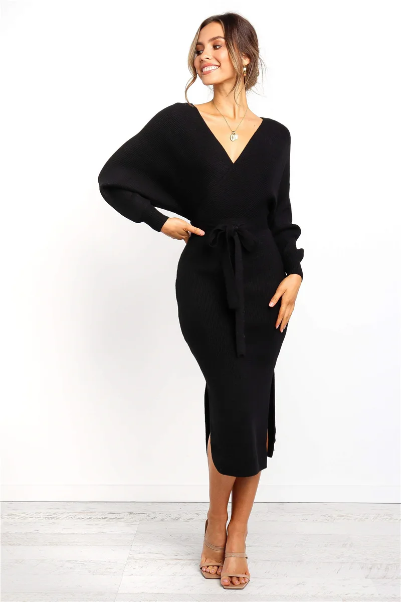 BUENOS 2019 autumn winter new women's sexy V-neck sweater dress female loose long bat sleeves solid knitting midi | Женская одежда