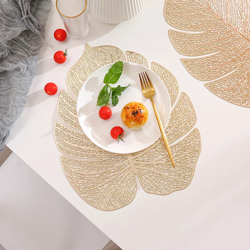 6/4Pcs Leaf shape Placemats PVC Hollow Irregular Line Placemat Dining Table Decoration Pad Dinner Cutout Hangable Gold Tablemat