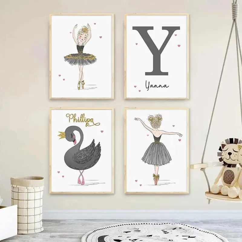 

Custom Name Canvas Painting Wall Art Personalized Girl Baby Name Nursery Nordic Poster and Print Black Swan Ballet Dancer Decor