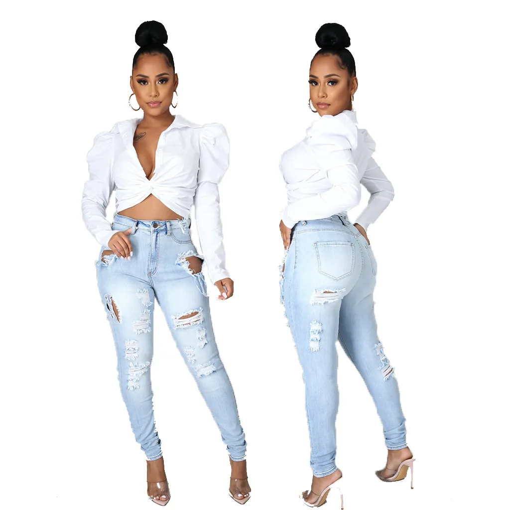 

Brand Women's Jeans Summer Slim Fit All-Match High Waist Ripped Temperament Commute Trousers Jeans Pencil Pants