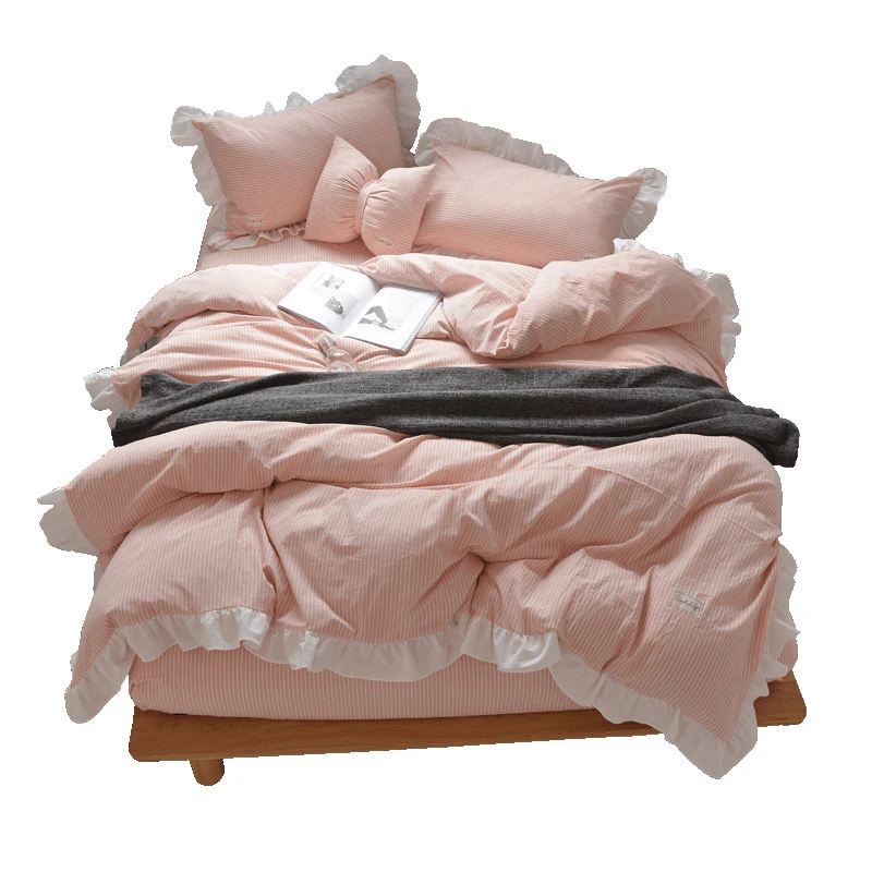 

Classic stripes print bedding 100% cotton bedding set king size bedding sets ruffle duvet cover bed set Brief flat bed sheet