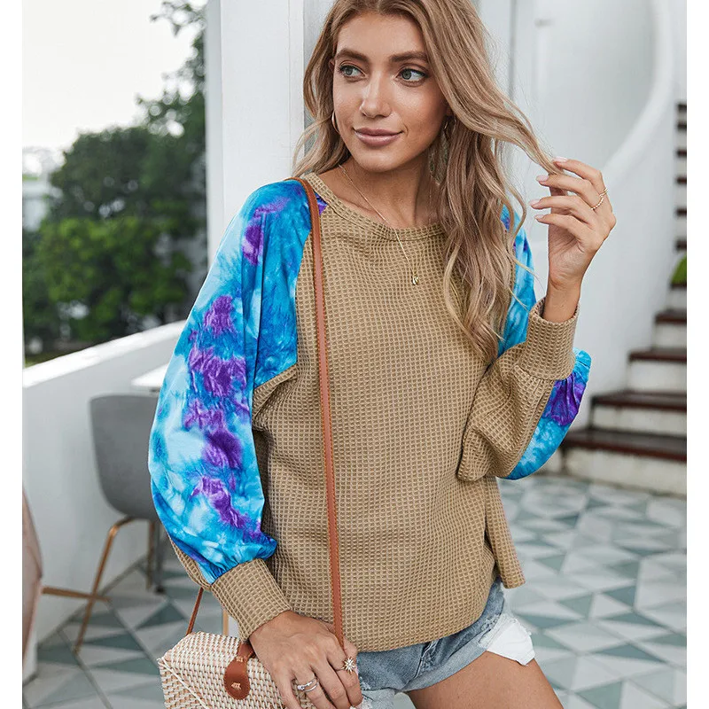 

2020 Autumn Women Tops Fashion Patchwork O-neck Loose Clothes Elegant Print Knitting T-shirts