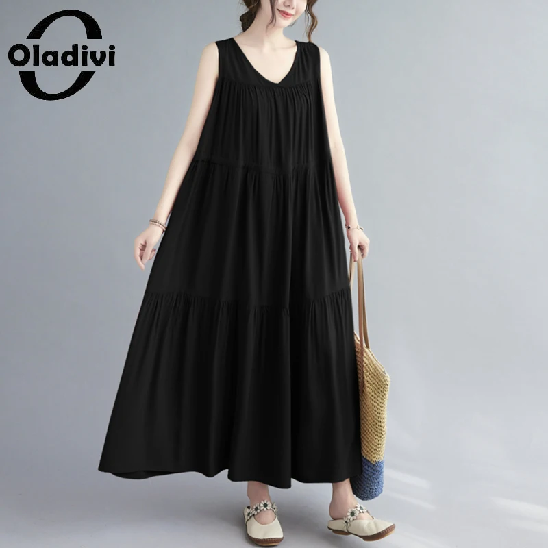 

Oladivi Oversized Women Sleeveless Sundress Casual Loose Vest Dress 2021 Summer Tank Dresses Vintage Ladies Robe Vestidios 9745
