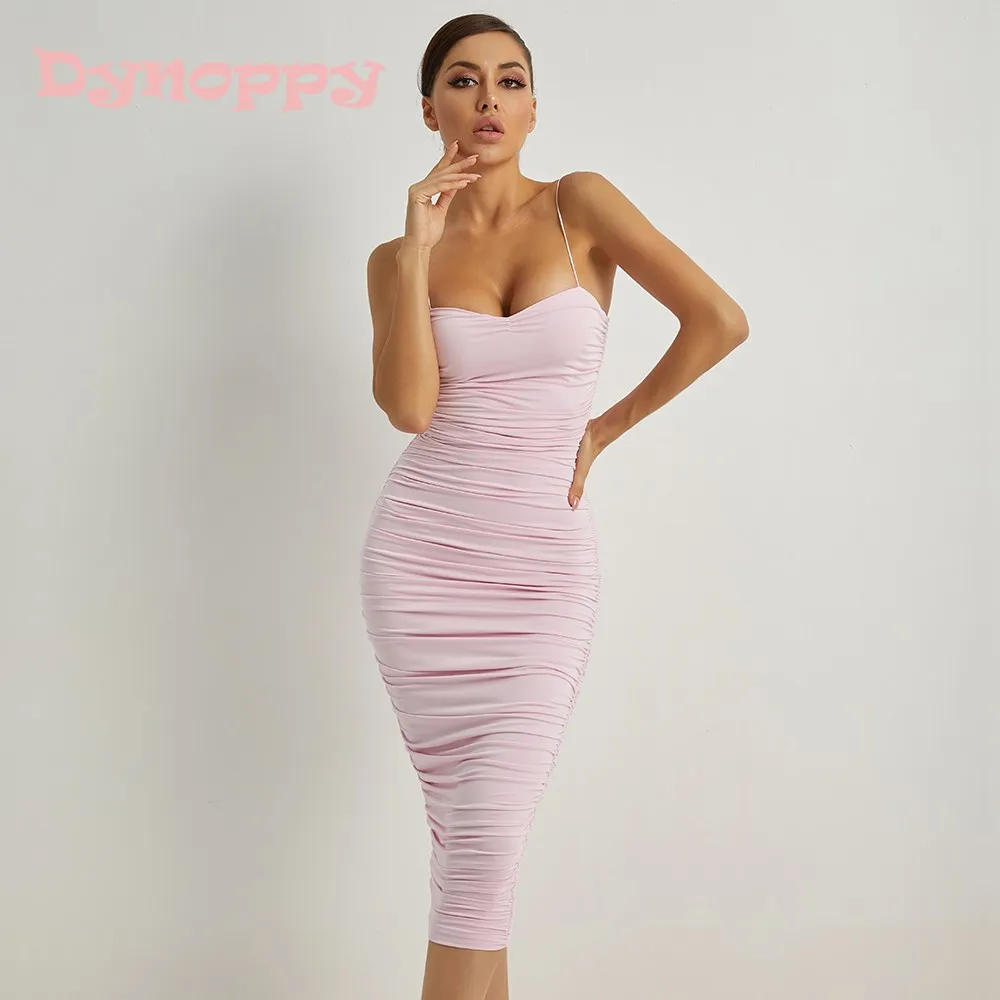 

Dynoppy New Lovely Ladies Sexy Midi Ruched Dress Party Gown Vacation Casual Outfits Elegant Backless Spaghetti Strap Pink Dress
