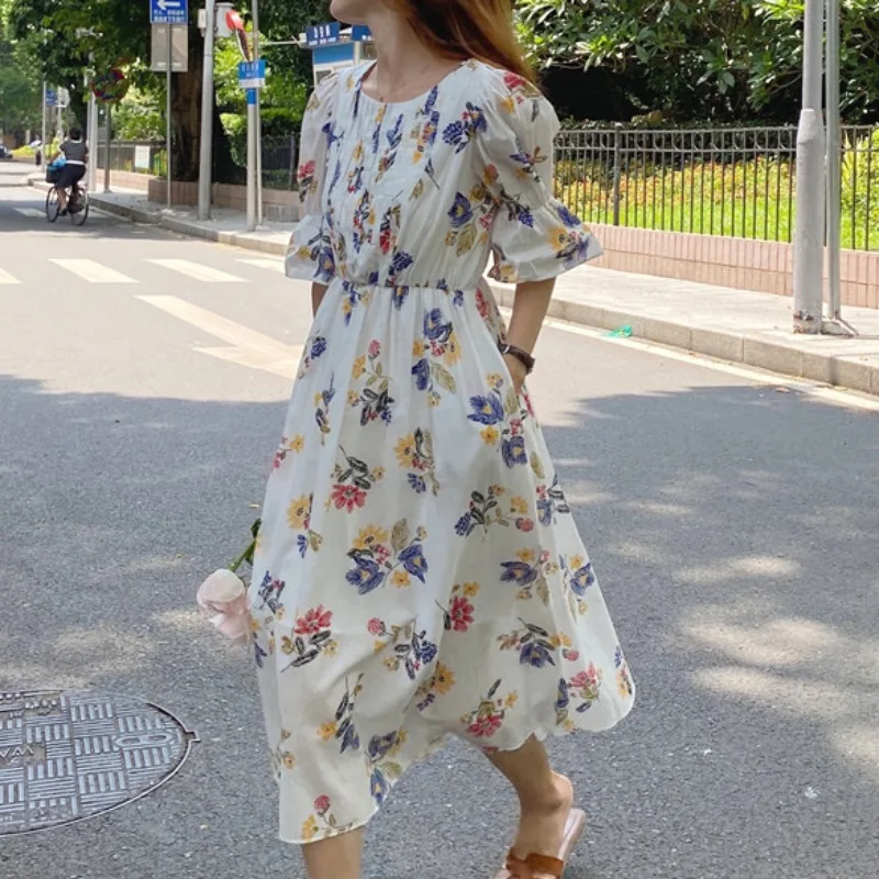 

French Style Retro Puff Sleeve Dress for Women 2021 New Waist Slimming Temperament Fairy Mori Style Printed First Love Skirt