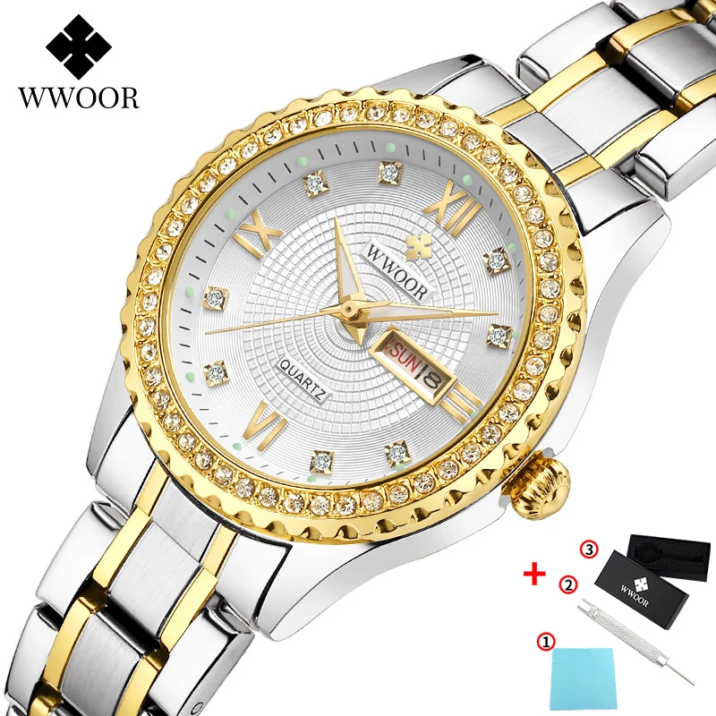 sliver white WWOOR,, женские часы, Топ бренд, роскошные, стильные, стразы, часы для женщин, нержавеющая сталь, кварцевые, женские часы, Relogio Feminino - Цвет: sliver white