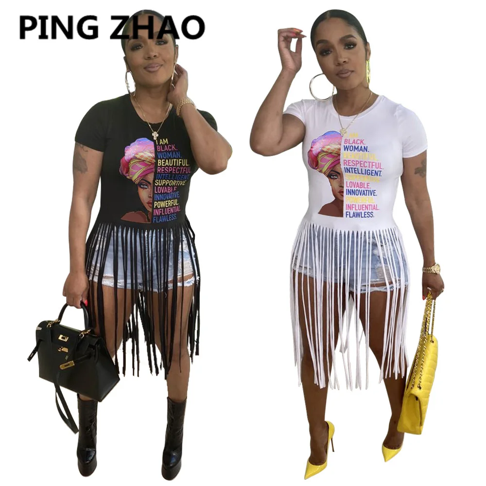 

PING ZHAO Letters Print Short Sleeve Tassel Long T Shirt Summer Casual Fashion Tops Tees Streetwear Hot 2021