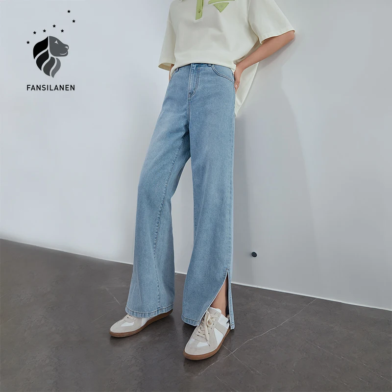 

FANSILANEN Casual side split wide leg jeans Women loose blue high waist jeans oversize Summer female vintage denim pants 2021