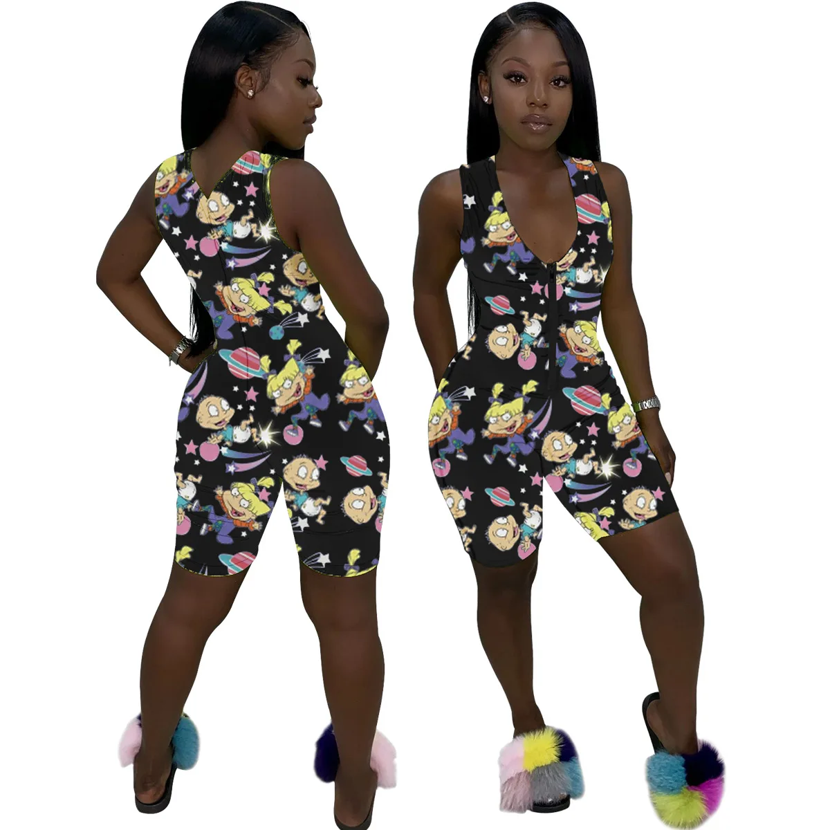 Женский летний Модный повседневный комбинезон без рукавов с принтом и V образным