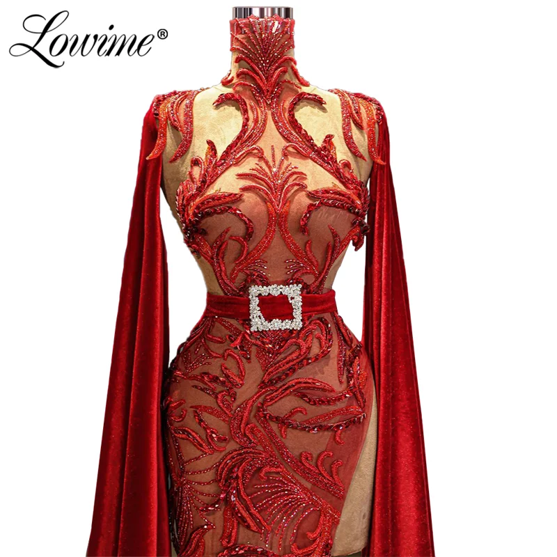 Lowime Elegant Dubai Evening Dresses Long Capped Sleeves Party Dress Mermaid Velvet Prom Gowns Beaded Vestidos Evening Wear Robe