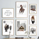 Настенная картина с изображением зимних гор дома снега лошади енота на холсте скандинавские постеры и принты настенные картины для декора гостиной