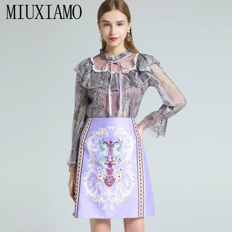 MIUXIMAO 2021 Spring Summer Flower Print Ruffles Lace O-neck Long-sleeve Shirt +  Mini Skirt Set Two-piece Set Women Vestidos