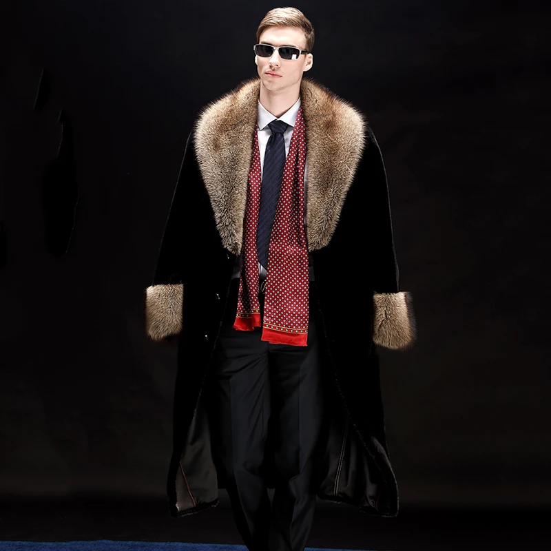 Ftangaiur Winter Jacket USA Import Velvet Mink Coat Turn-Down Collar Coats Soft Men's X-Long Smart Natural Real | Мужская одежда