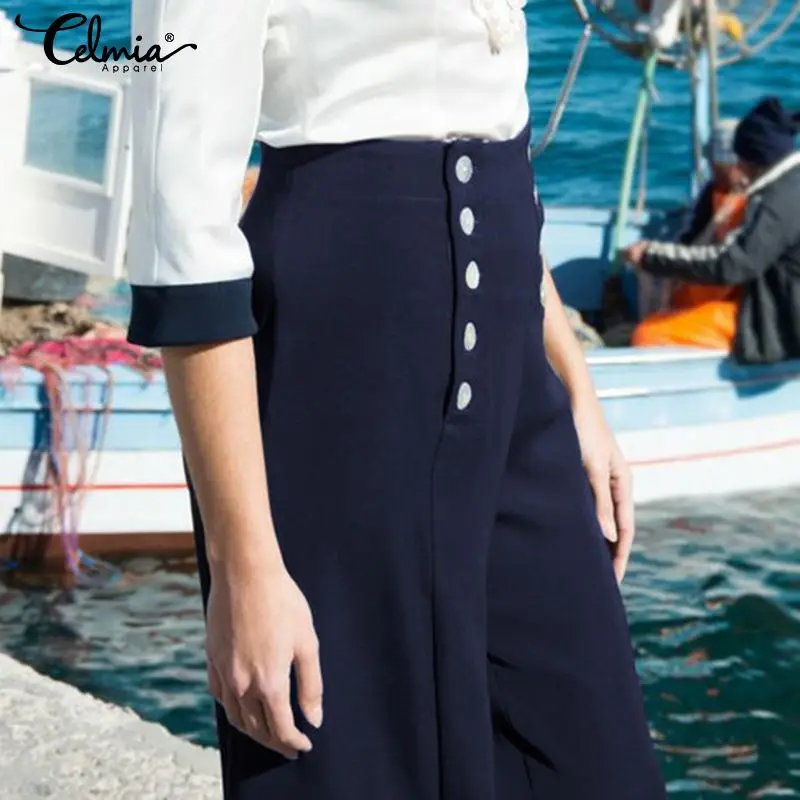 

Elegant OL Women High Waist Pants Celmia Button Loose Work Trousers Office Lady Palazzo Casual Long Wide Leg Pants Plus Size 5XL