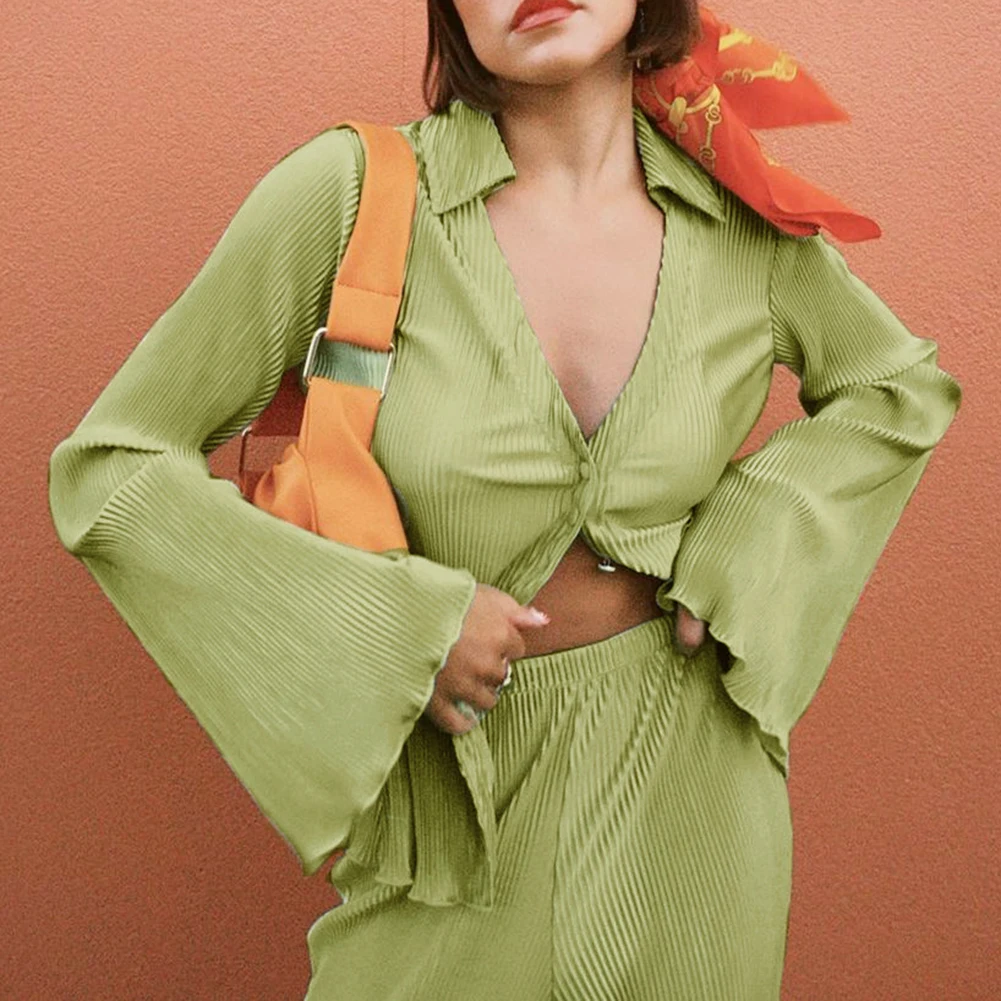 

Женский винтажный плиссированный костюм, Топ с длинным рукавом и широкие брюки с высокой талией, свободная блузка с расклешенными рукавами,...