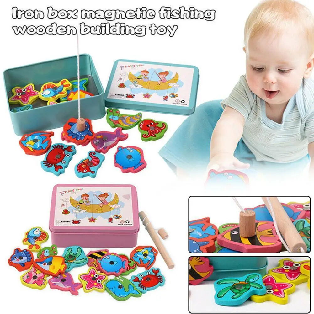 

Iron Box Magnetic Outdoor Fun Fishing Toy Set Parent-child Interactive Early Education Game Wooden Building Blocks Children Toys