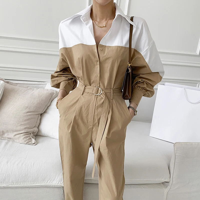 

Women's jumpsuit 2021 new temperament lapel color matching single breasted design belt buckle straight casual jumpsuit trousers