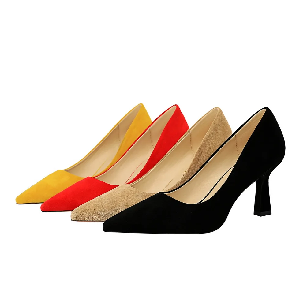 

High Heels shoes Women pointed toe pumps flock shallow office pump casual Slip on Slides big size zapatos mujer high quality