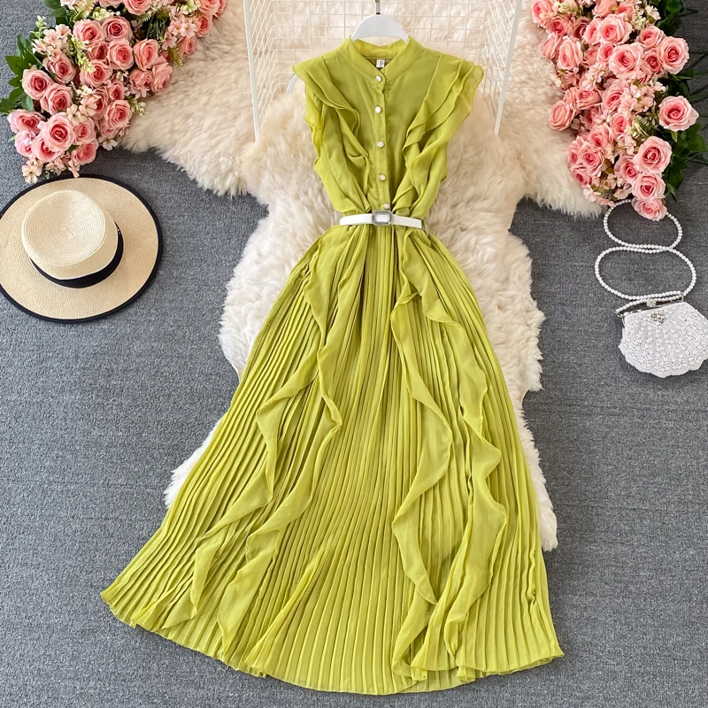 Mixi-vestido plisado Vintage liso para mujer, vestido elegante de gasa rosa con volantes sin mangas para vacaciones y Playa 2021