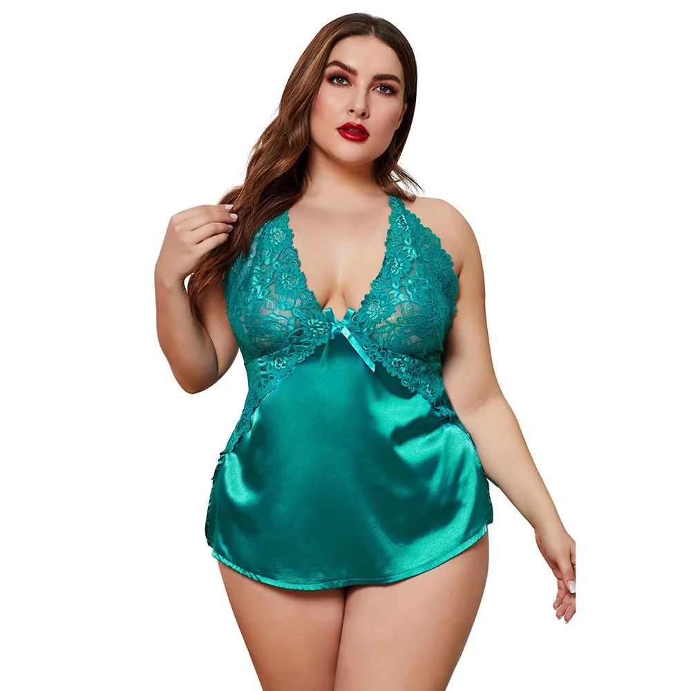 

Sexy Plus Size Pajamas Sets Women Sheer Lace Satin Halterneck Cami Top Shorts Set Backless 2 Pieces Pajamas Suits