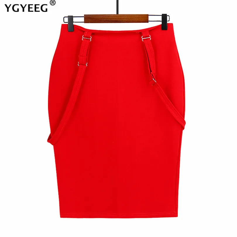 

YGYEEG Women Knee Length Skirt Pencil High Waist S-XXXL Strap Style Stretch Wrap Ladies Office Work Zipper Decoration Bottom