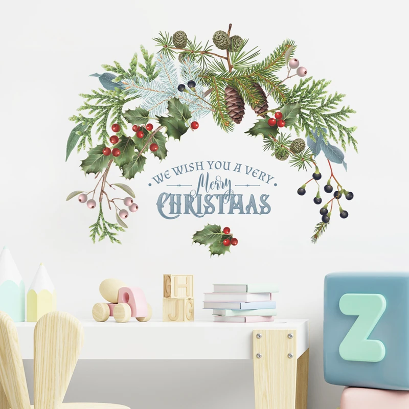 

Christmas Wall Sticker Green Plant Pine Snowflake Kids Room Home Window Decor Glass Home Window Door Sticker