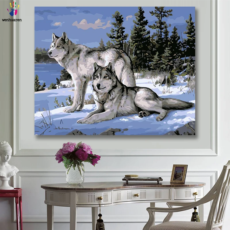 DIY картинки для раскраски по номерам с цветами Снежный волк она Волк и маленький