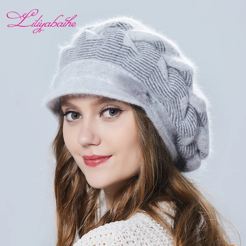 женская зимняя шапка Шерсть ангора Шапка с козырьком Вязаная Украшение из норки