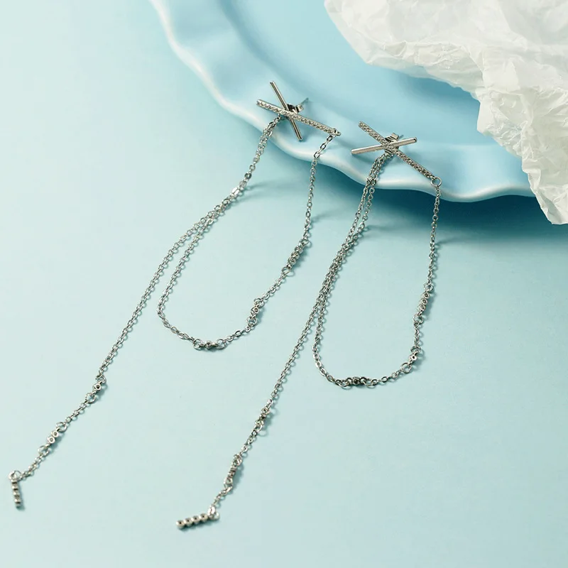 

Fashion Jewelry 925 Sterling Silver New Ear line Cross Fringe Long Earrings Womans Earrings
